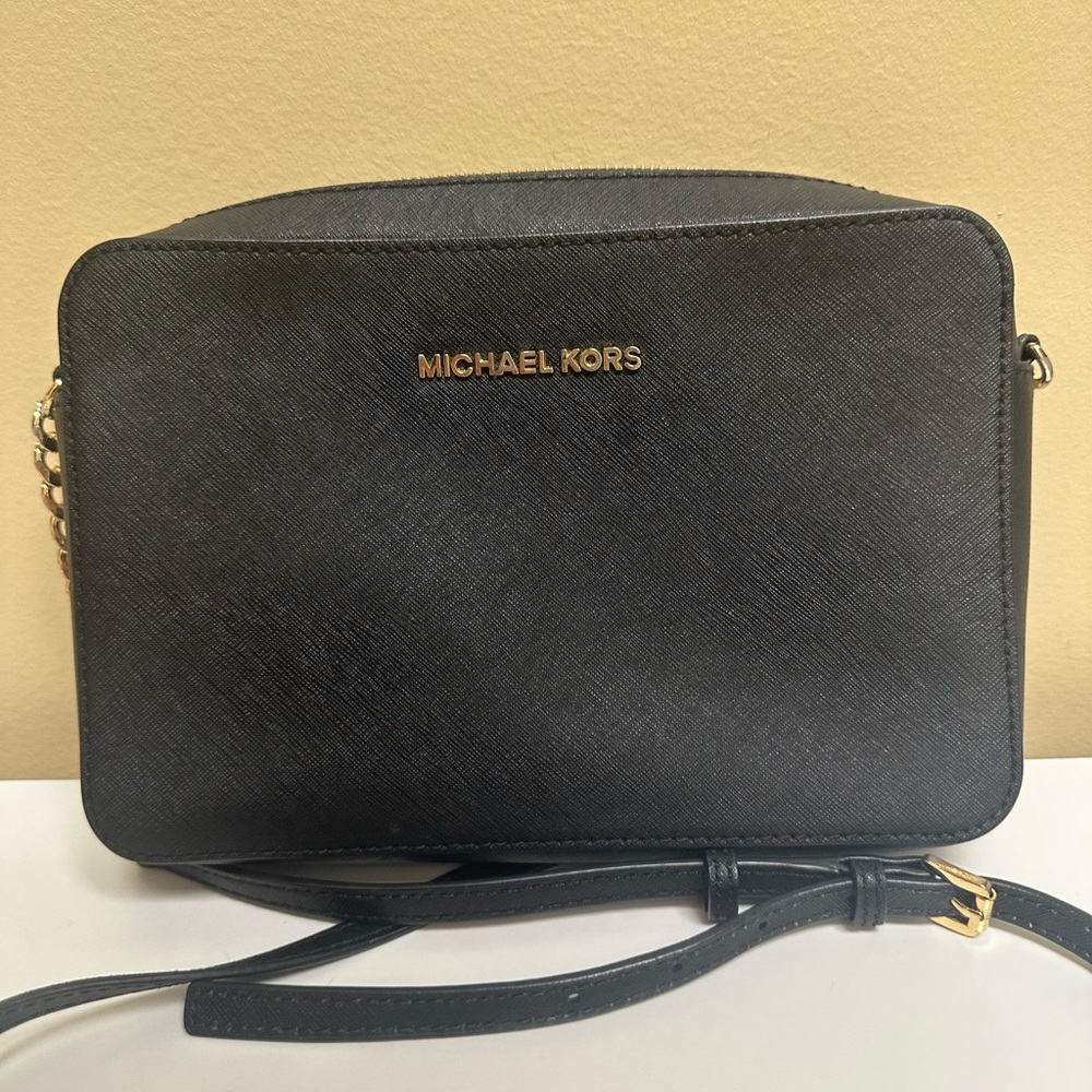 Michael Kors Black Leather Crossbody with Gold Accents
